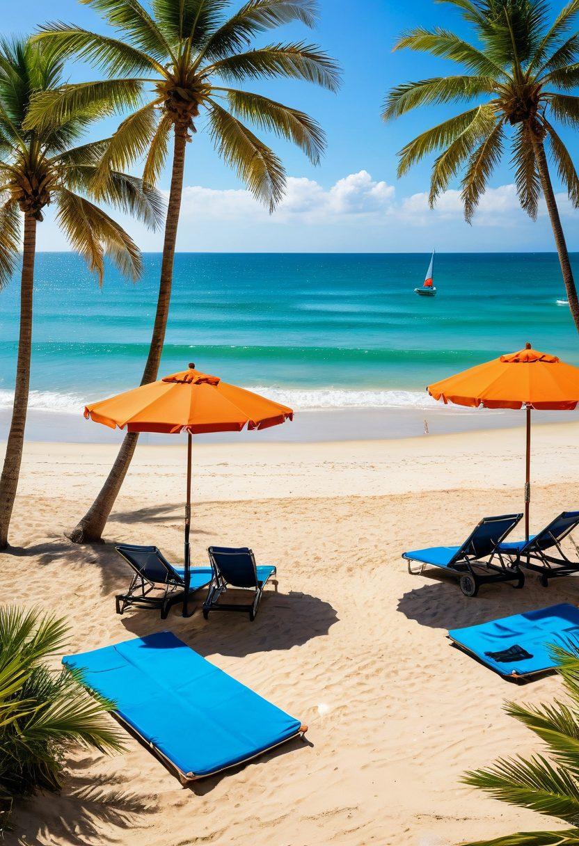 A vibrant beach scene showcasing an array of trendy beachwear, including colorful bikinis and stylish boardshorts, draped over sun-kissed sand. In the background, a sparkling blue lake reflects the sun, with beachgoers enjoying the sun. Lush green palm trees frame the scene and beach umbrellas pop with bright colors. Captivating waves lap gently at the shore, inviting relaxation and fun. super-realistic. vibrant colors. summer vibes.
